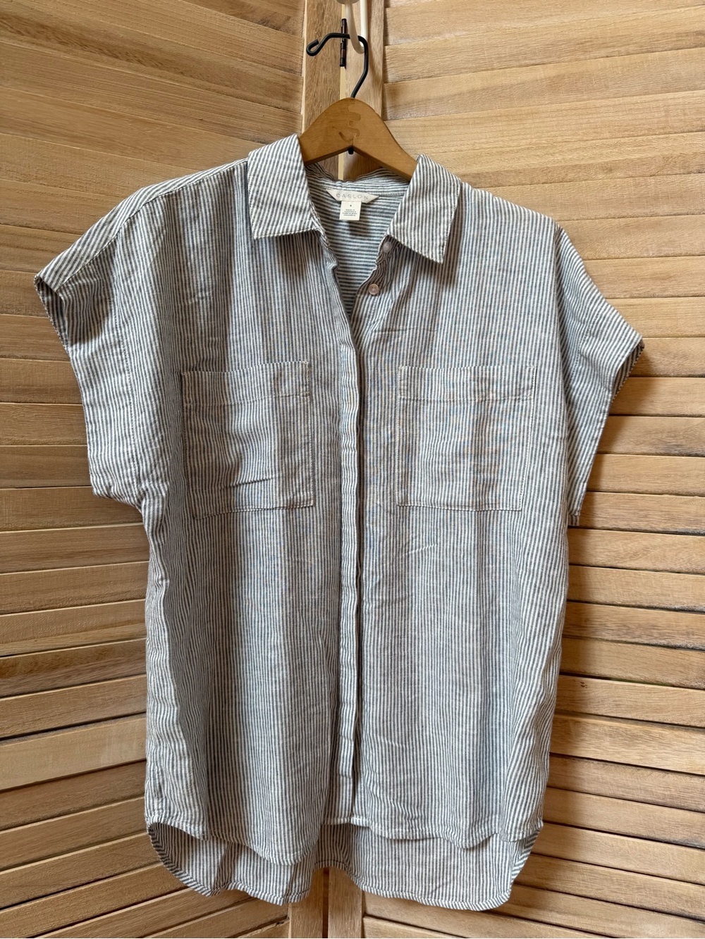 Caslon Blue & White Striped Short Sleeve Linen blend Button-Up Shirt - Picture 3 of 7